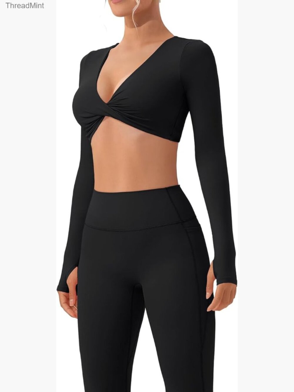2 Piece Workout Set Long Sleeve Twist Deep V Crop Top Yoga Leggings with Pockets